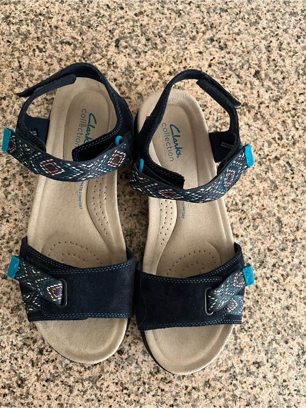 Clarks Navy Suede Adjustable Strap Sandals with Teal Accents Sz 9